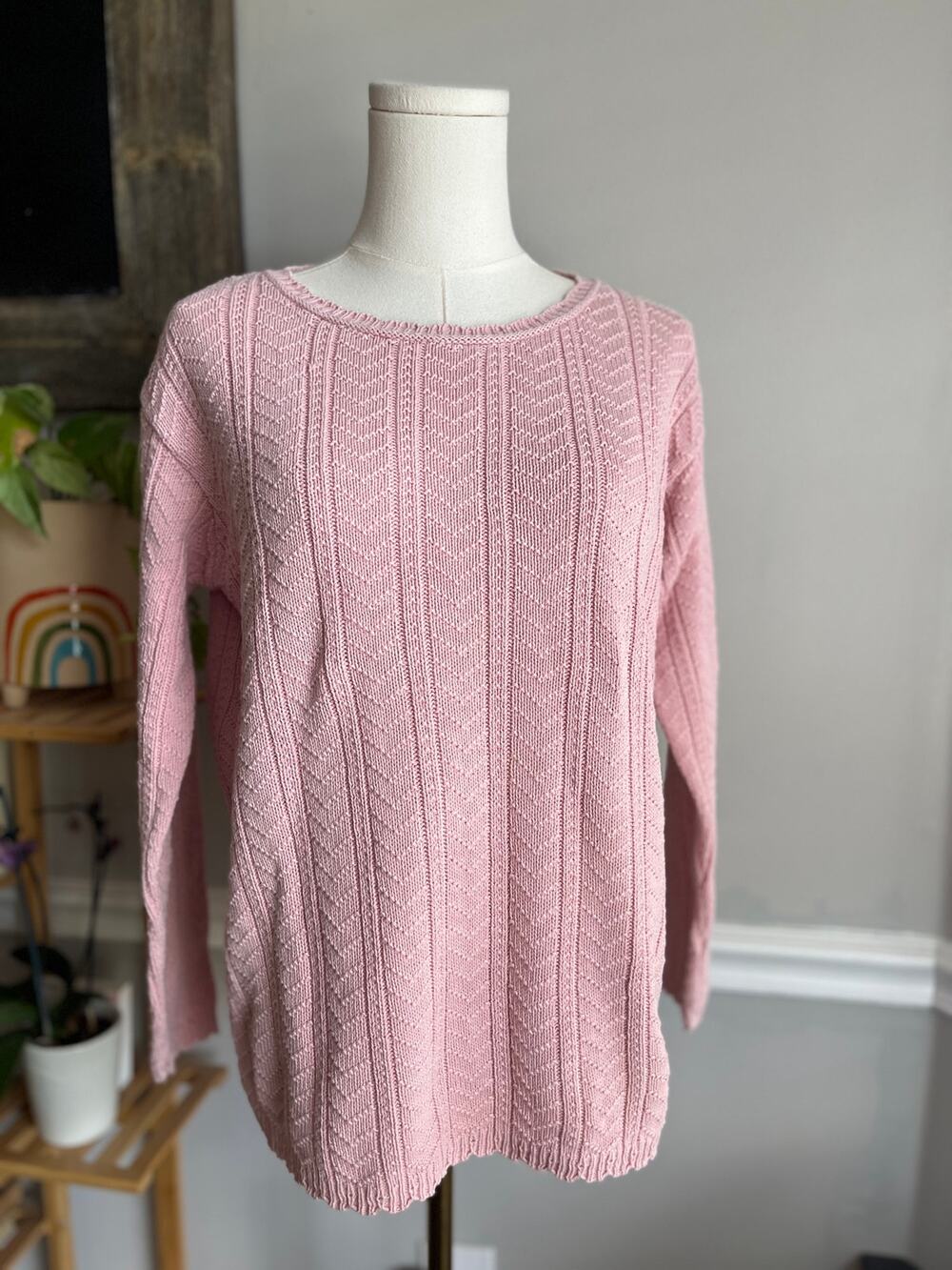 Vintage 90s Pink Cotton Sweater Vertical Stripes Size Small